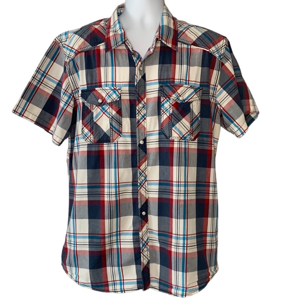 BKE Slim Fit Short Sleeve Plaid Pearl Snap Buttons Western Shirt